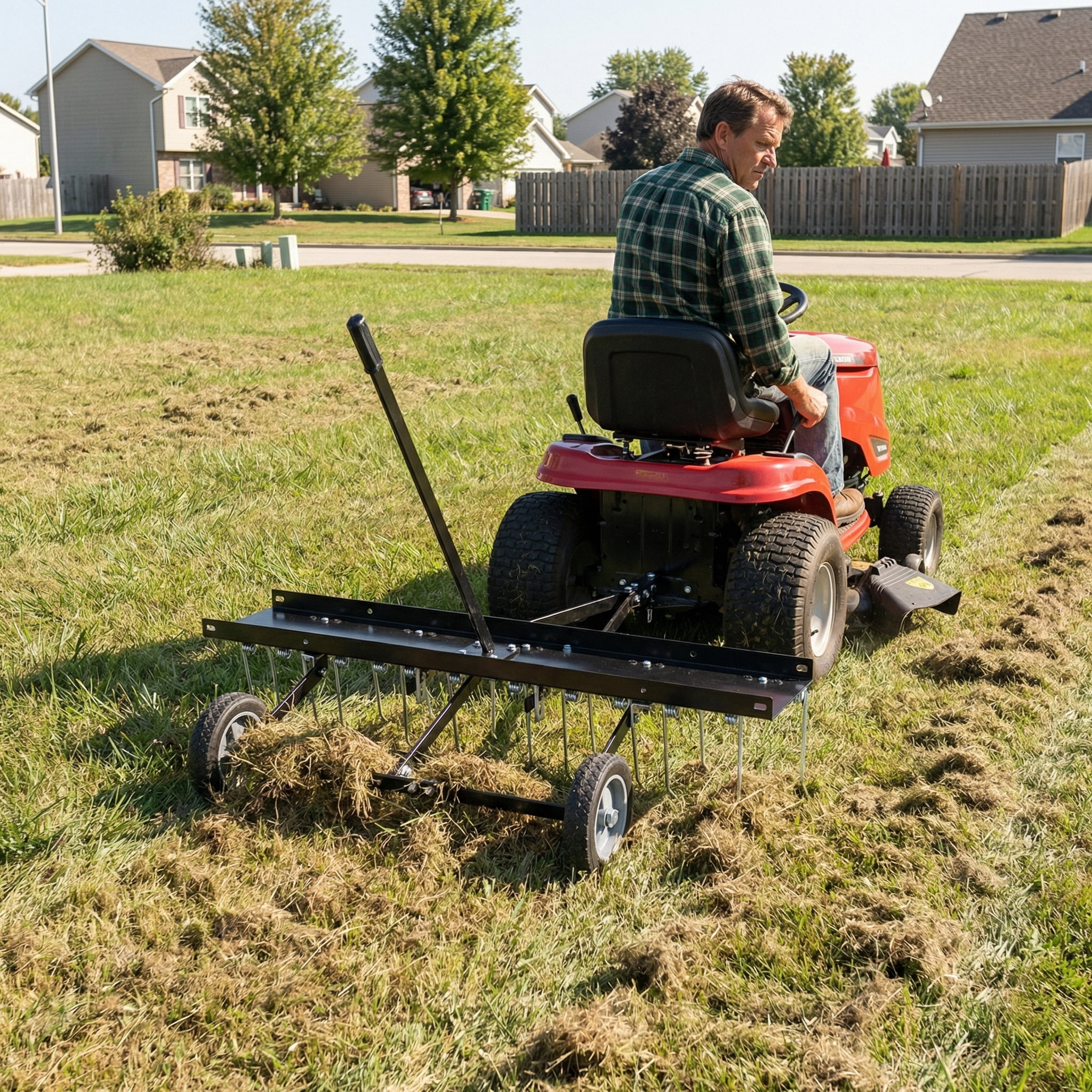 Tow Behind Dethatcher, 40-inch Tow Dethatcher with 20 Spring Steel Tines, Lawn Dethatcher Rake for ATV or Mower, Tow Behind Lawn Rake with Lift Handle for Garden, Farm, Grass, Yard, Lawn Care