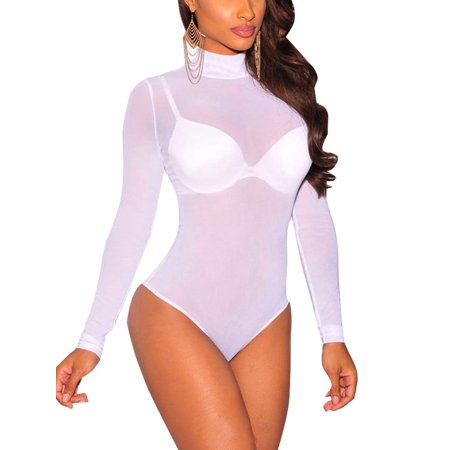 

xingqing Women Long Sleeve Romper Sexy Mesh Sheer One Piece Bodycon Shorts Jumpsuit Bodysuit White ONE SIZE