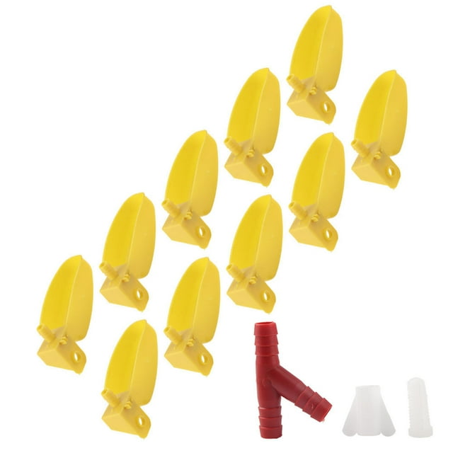10 bebederos automáticos amarillos para codornices, pollos y aves (tamaño grande, izquierda)