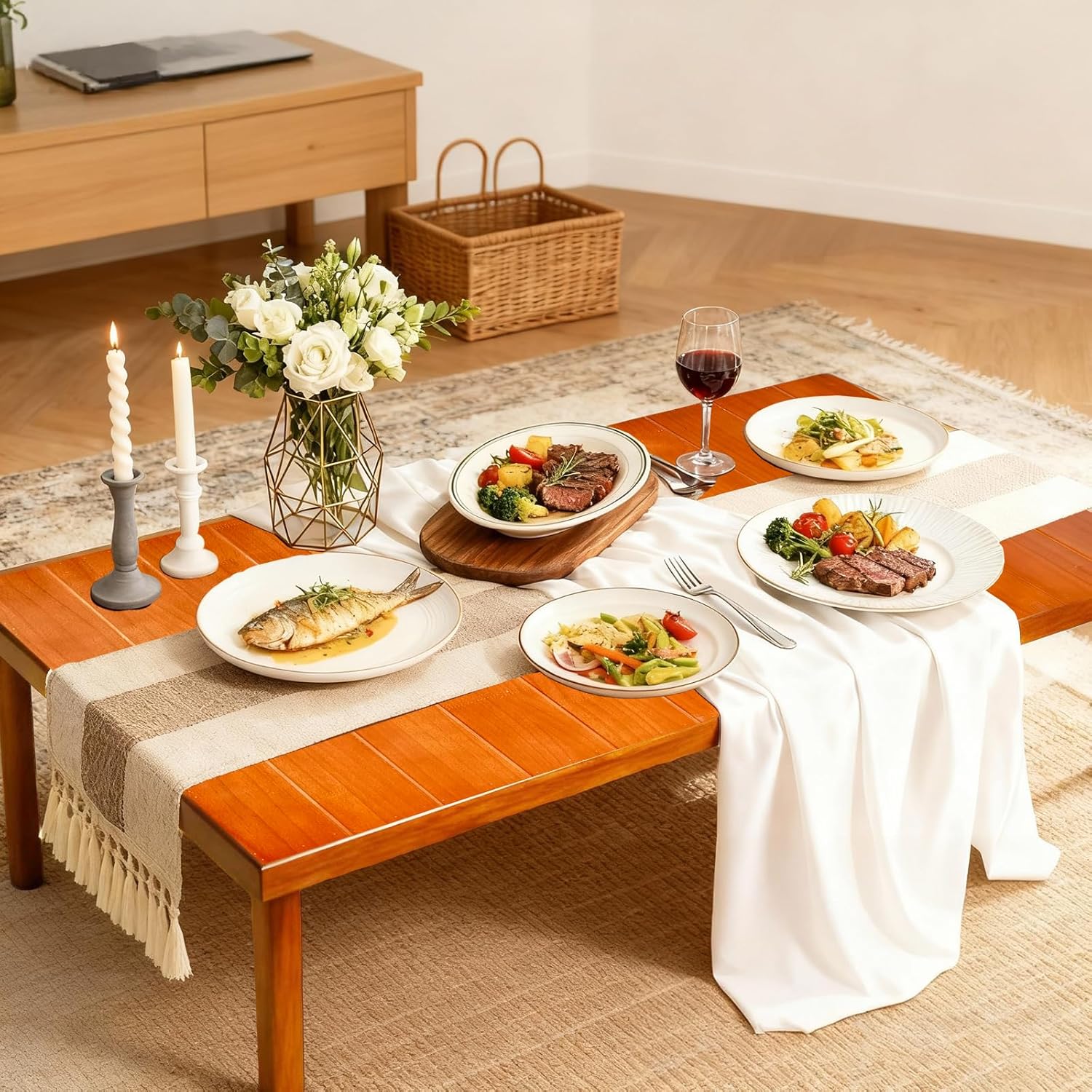 60" x 30" Foldable Boho Low Picnic Table, Solid Wood Beach Table with Adjustable Legs, Portable Indoor & Outdoor Floor Table for Picnic, Camping, BBQ, Wedding, Patio & Family Gatherings