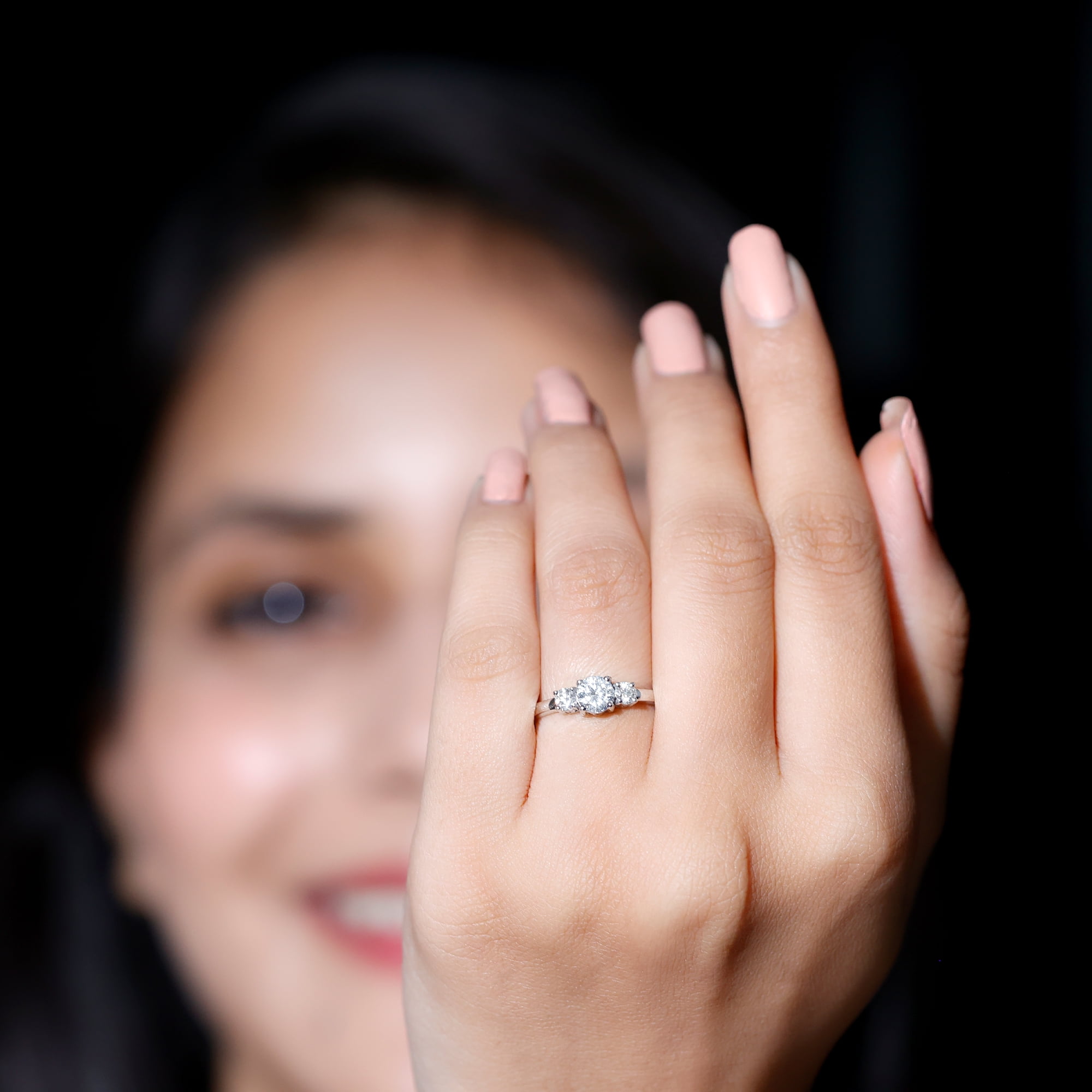 Rosec Jewels Lab Diamond 3 Stone Engagement Ring for Women - Past Present Future Ring - EF-VS Grade, 10K White Gold, US 4.50