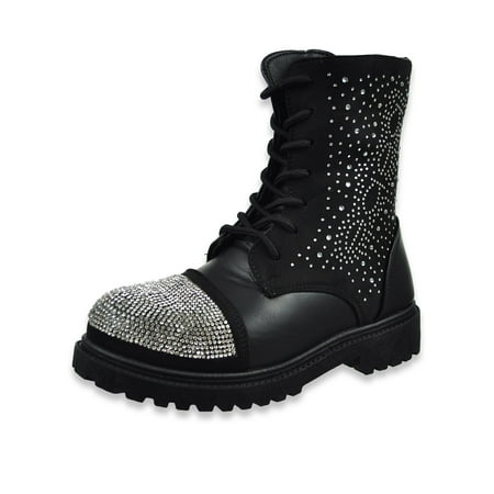 

Bebe Girls Rhinestone Combat Boots - black 13 youth