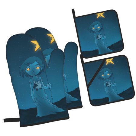 Dream Night Star Oven Mitts and Pot Holders Sets Baking Sets for Kitchen Bbq Gloves Heat Resistant Cooking Capture Sleep 4 Pieces