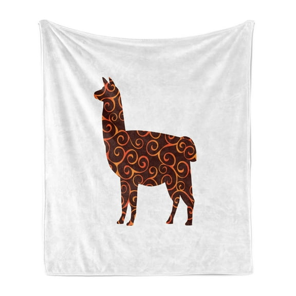 Llama Soft Flannel Fleece Blanket, South American Domestic Animal Silhouette with Swirled Lines Abstract Alpaca Design, Cozy Plush for Indoor and Outdoor Use, 60" x 80", Orange Brown, by Ambesonne