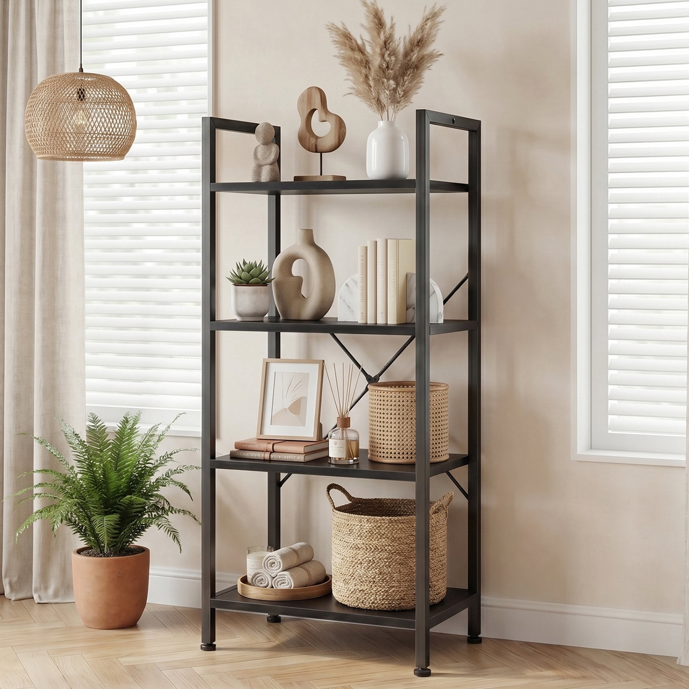CONCETTA Bookshelf, 4-Tier Small Industrial Storage Shelf & Shelves, Metal Bookcase for Home Office, Living Room, Black