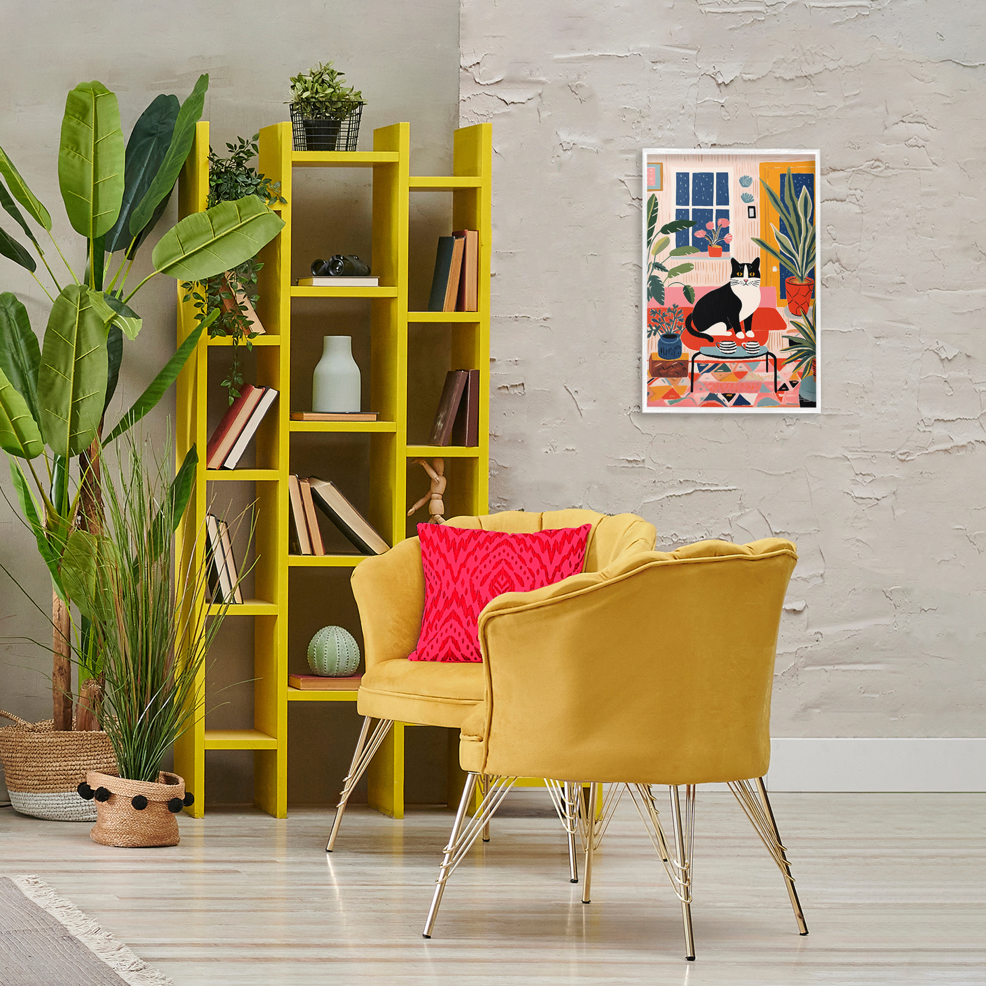 Stupell Industries Eclectic Living Room Cat Animals & Insects Painting White Framed Art Print Wall Art, 16 x 24
