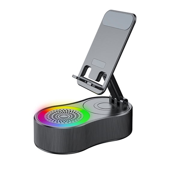 3-in-1 Foldable Phone Stand with Bluetooth Speaker & RGB Lights, Portable Phone Holder with Wireless Microphone for Karaoke, Adjustable Angle Phone Stand for Desk, Compatible with All Phones
