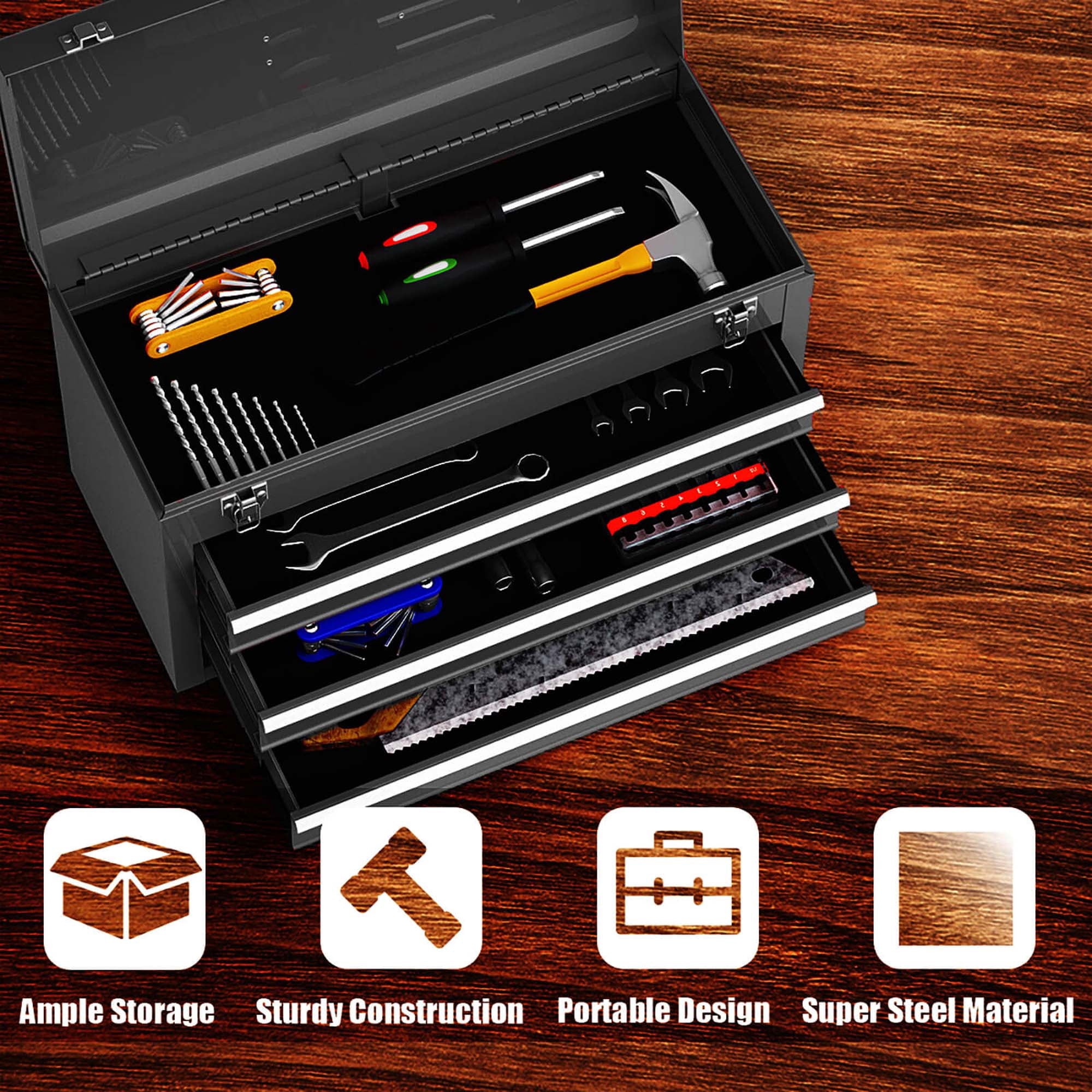 Costway Portable Tool Chest Box Storage Cabinet Garage Mechanic Organizer 3 Drawers Black