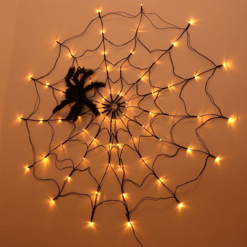 70 LED Spider Web Light Halloween Decoration Props Black Spider Plush Toy Party Atmosphere Layout Halloween Decoration Light