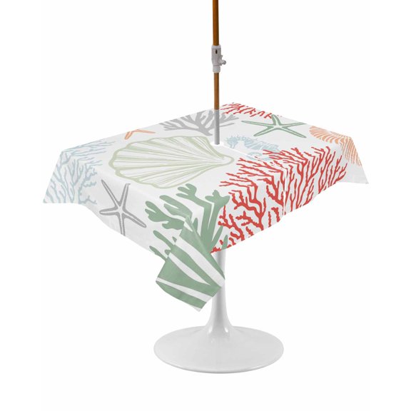 Outdoor Table Cloth with Umbrella Hole and Zipper,Red Sage Green Coastal Waterproof Rectangle Tablecloth 60"x102",Summer Beach Coral Shell Starfish Washable Table Cover for Outside Party Patio Picnic