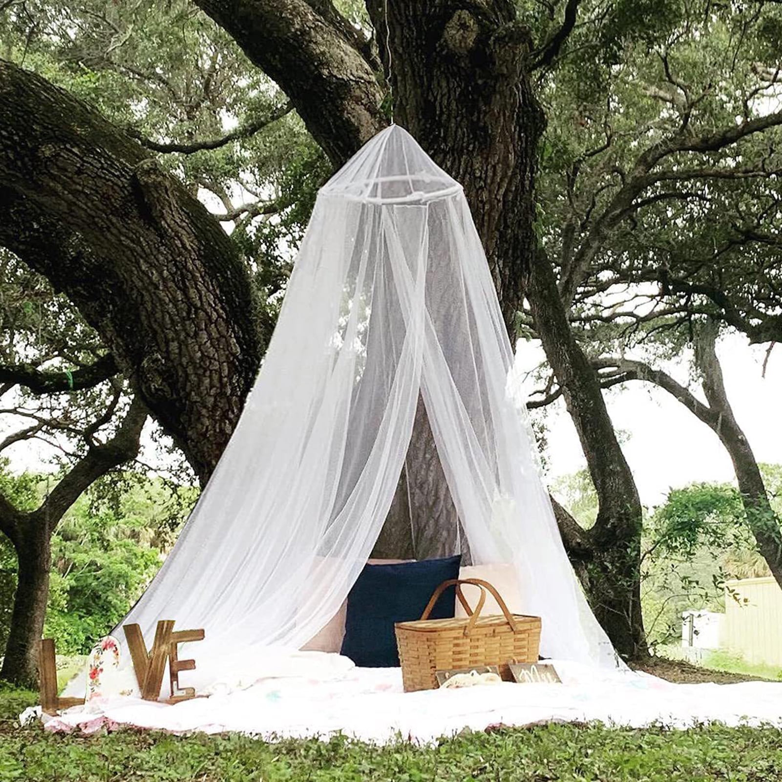 Deyuer Bed Canopy Fine Mesh Breathable See-through Easy Installation Hanging Net Canopy Solid Color Round Dome Princess Girls Bed Curtain Bedroom Decoration