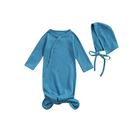 

Sunisery Newborn Baby Girls Boys Sleeping Bag Hat Solid Knitted Long Sleeve Wrap Swaddle Blue 2Pcs 3-6 Months