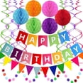 thumbnail image 4 of Colorful Happy Birthday Party Decorations Set - Paper Banner, Flag Bunting, Circle Garland, Swirl Streamers & Honeycomb Balls, 4 of 6