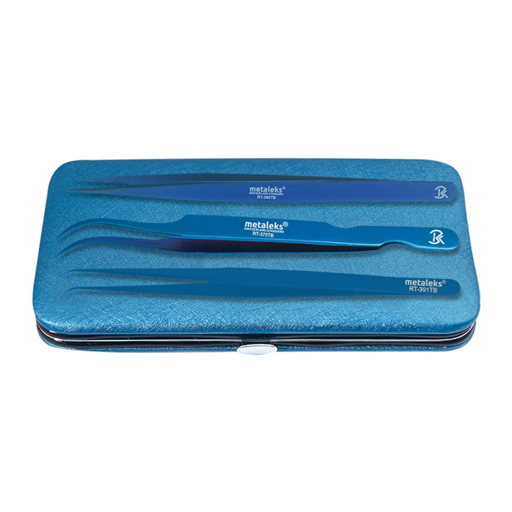 3Pcs Russian Volume Japanese Stainless Steel Tweezers for Eyelash Extension in Blue Titanium Coated with Blue Magnetic Kit