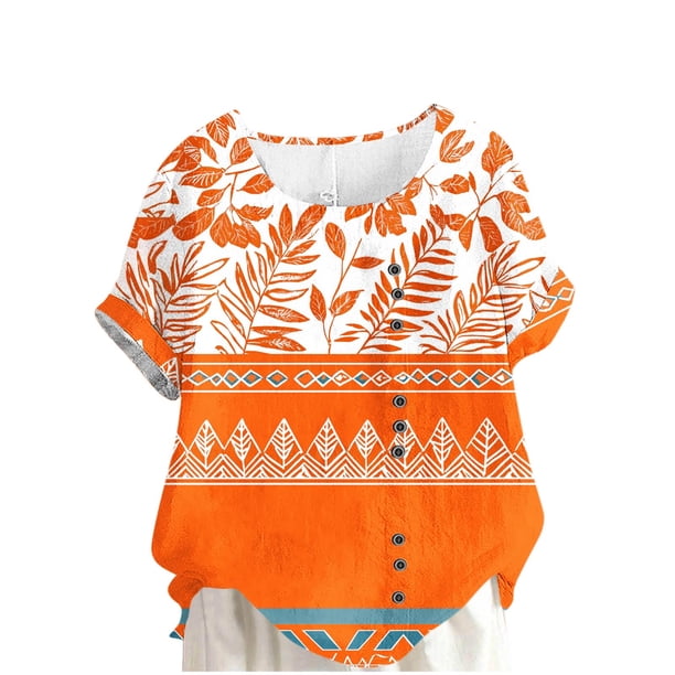 Camisetas de Manga Corta para las Mujeres Casual Cuello Redondo Cómodo de Lino Camiseta Botón Blusa Top Verano Manga Corta para las Mujeres