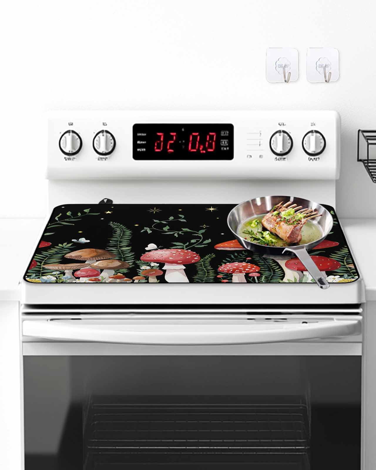 Stove Top Covers for Electric Stove, Mushrooms Black Glass Stovetop Cover Protector, Botanical Leaf Butterflies Country Moon Induction Cooktop Protector Oven Mat for Kitchen Countertop 24"x21"