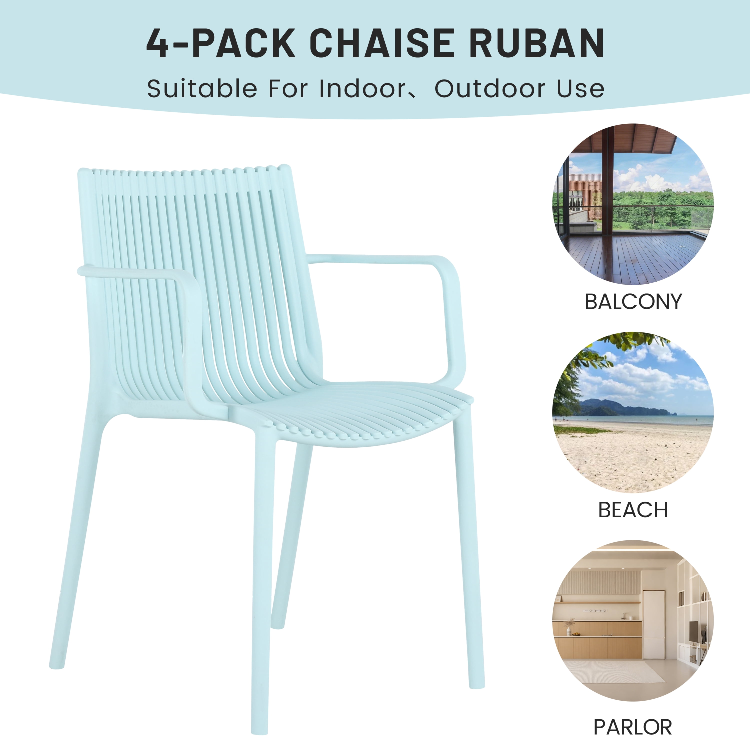 Plastic Armchair, 4 Pack Stackable Ergonomic Chair for Garden Patio Balcony Outdoor Use, Light Blue