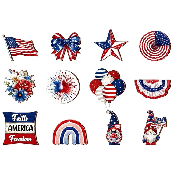 12 Pieces Patriotic Decor Wooden Signs, 4th of July Independence Day Decorations with American Flag, Gnome, Star, Bow, Wreath Designs, for Home Wall Door Tabletop Decor, Indoor Outdoor Party Supplies