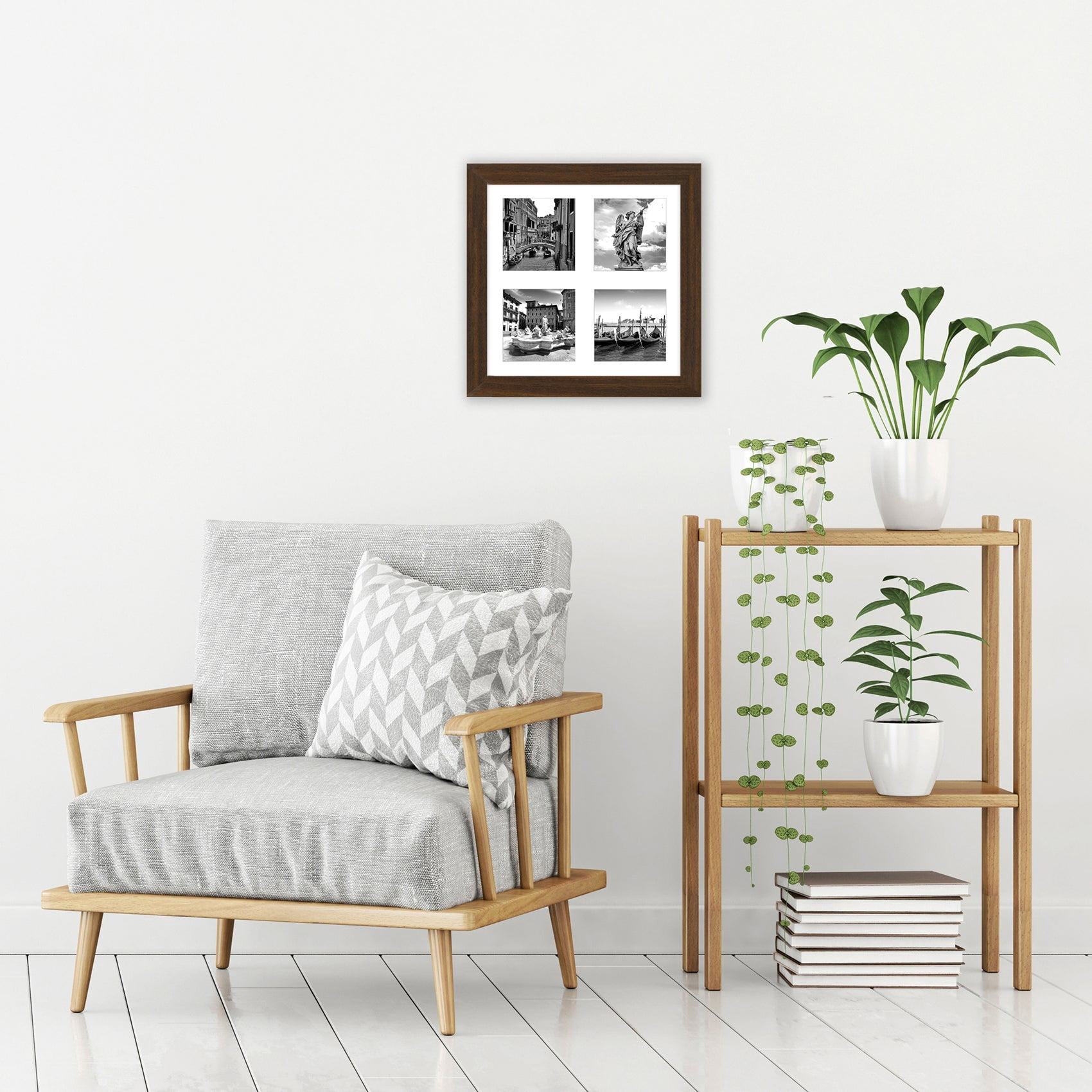 10x10 Collage Picture Frame in Walnut With Four 4x4 Inch Openings - Composite Wood with Shatter Resistant Glass - Horizontal and Vertical Formats for Wall