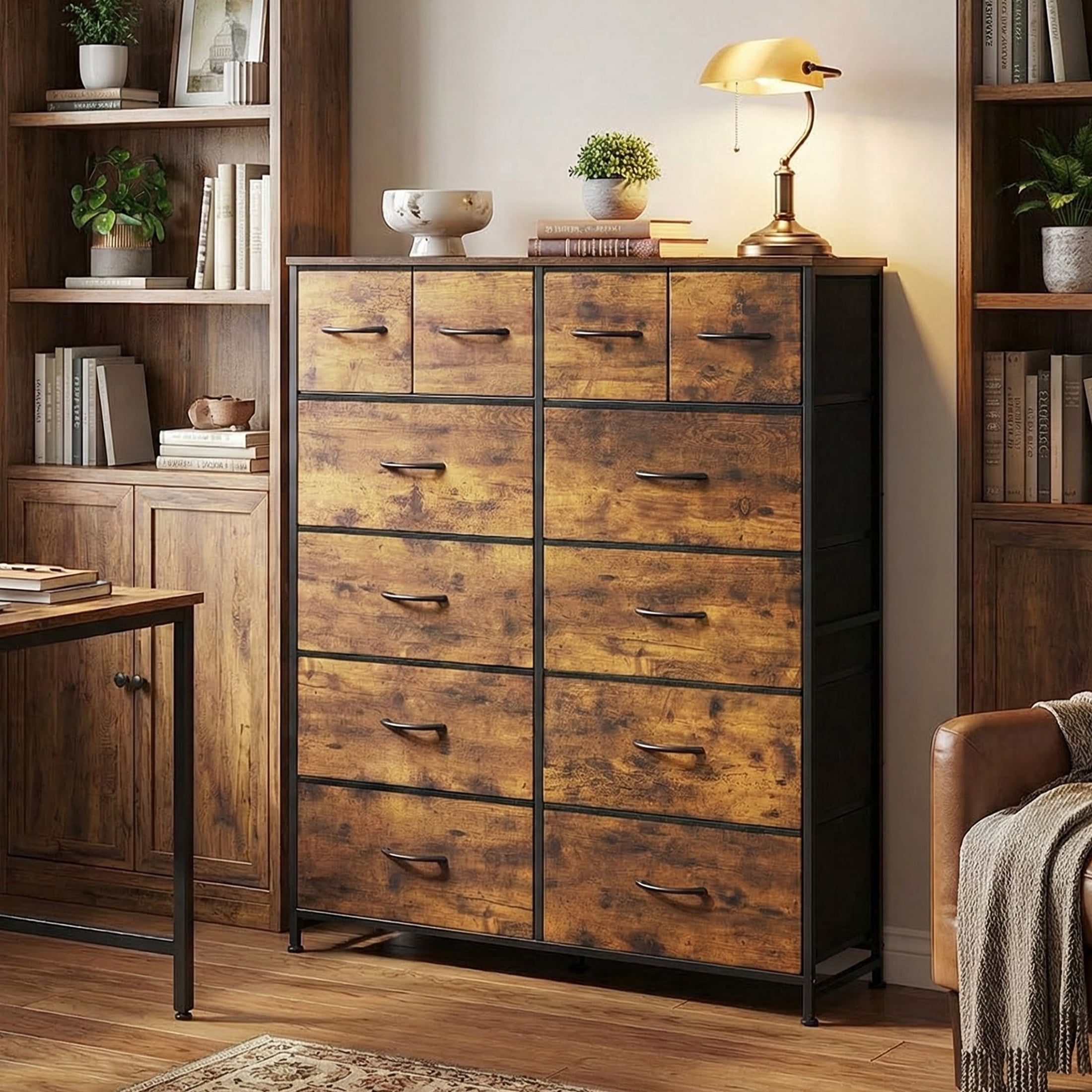 CONCETTA Dresser Storage with 12 Drawers,Structural Stability, Iron Frame Structure and Wood Top for Living room, Home Office, Rust Brown