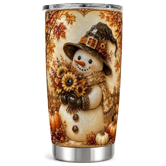 Autumn Snowman Tumbler 20oz, Sunflower Tumbler, Stainless Steel Travel Cup