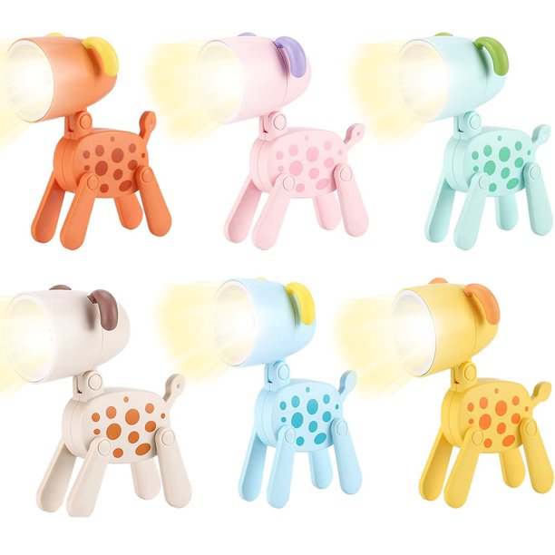 6 piezas Mini lámpara de escritorio LED con forma de animal, luz de noche, reutilizable, bonita lámpara de noche con forma de perro y ciervo, mesa de lectura, funciona con pilas, luz de noche LED para