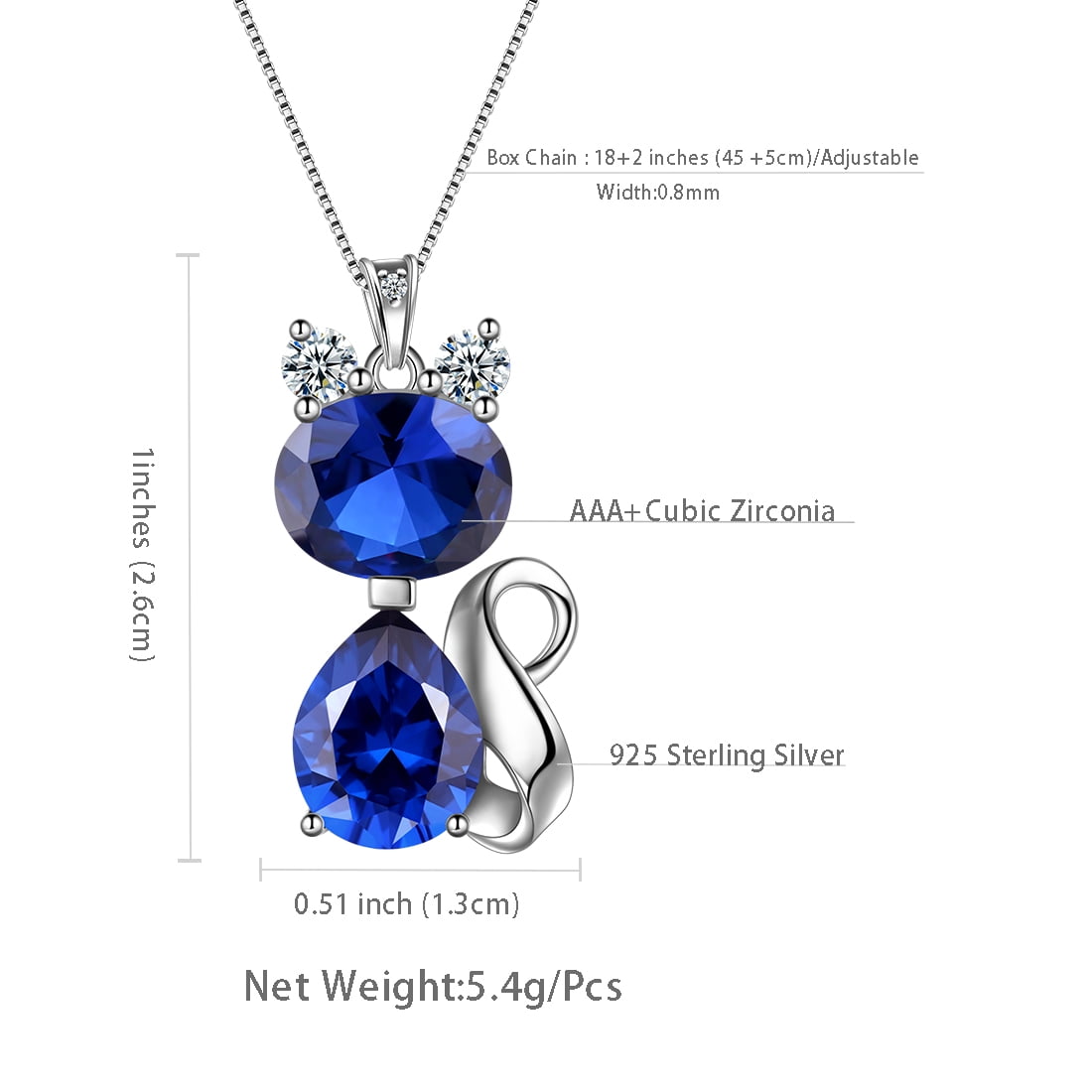 Juwaliy September Birthstone Necklace Sapphire Blue Cat Pendant Charms 925 Sterling Silver Jewelry Women Daughter Wife Mother Christmas Birthday Gift