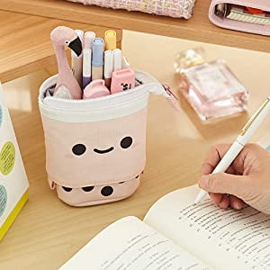 QUALIALL Kawaii Cute Boba Pencil Case, Pen Makeup Pouch Box Bag Organizer Holder Stuff Korean Japanese Stationary Set Things, Great Gift, Easy Clean and Use