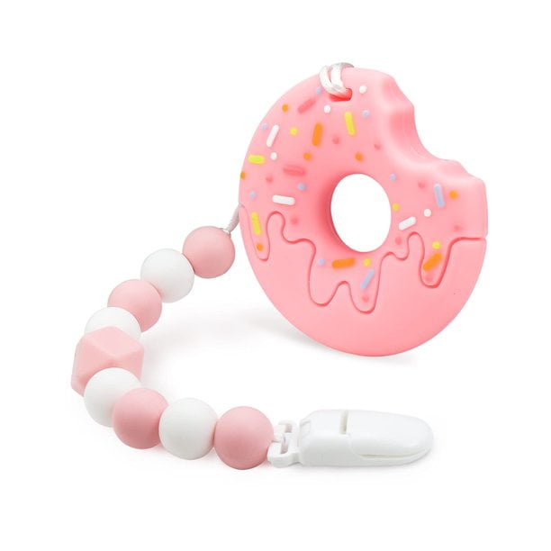 Baby Teething Toys for 3-6 6-12 Months Babies with Donuts Cookie Design, Silicone Teethers with Relief Beads Binky Holder and Pacifier Clips for Boys and Girls (Pink)