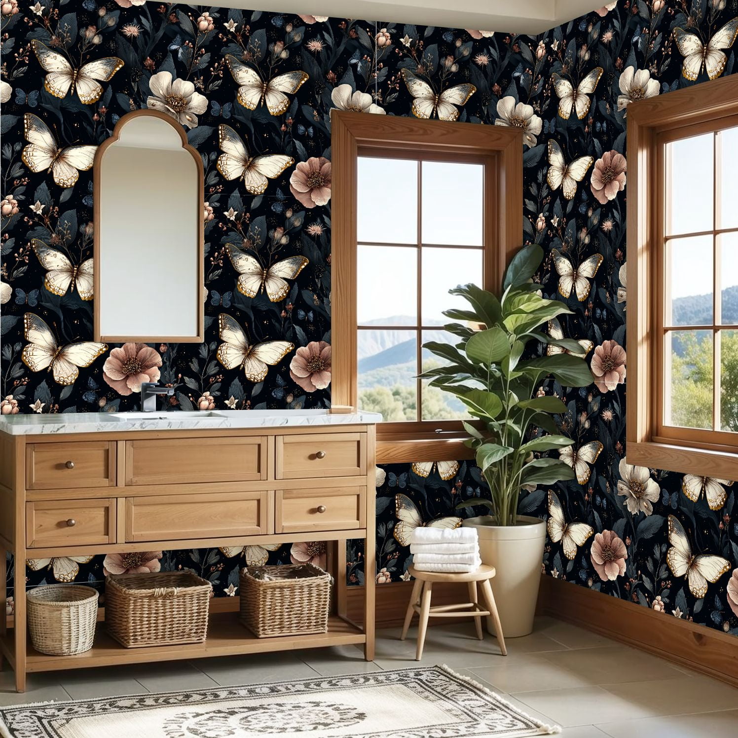 Peel and Stick Wallpaper Elegant Butterflies Floral Dark Wall Mural 23.6in x 9.8ft Self Adhesive Removable Wall Paper Renter Friendly Wallpaper for Nursery Bedroom Cabinets