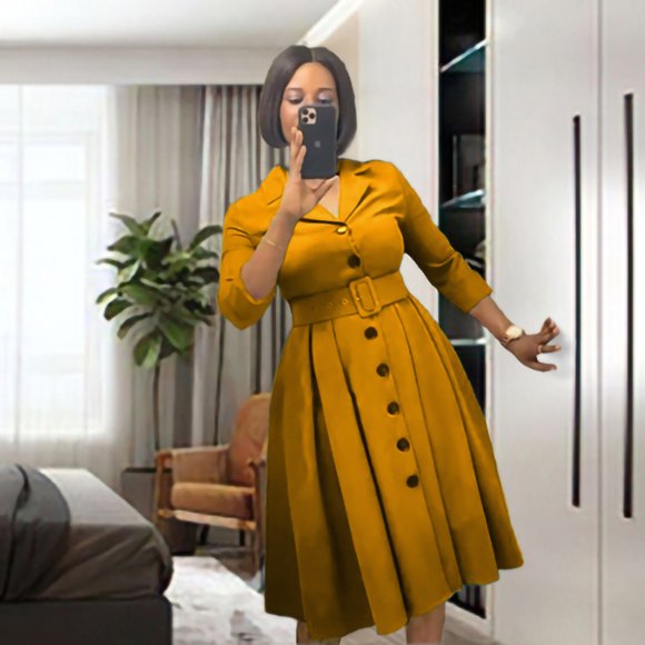 African A-line Long Dress Solid Turndown Collar Pleated High Waist Blazer dresses women lady elegant Suit Career Dress