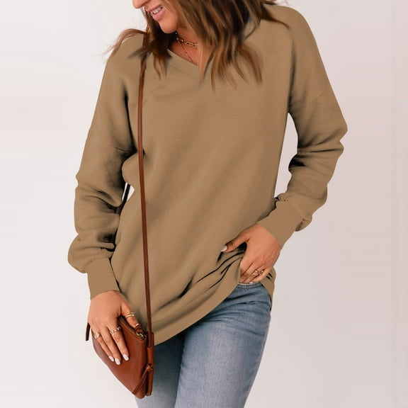 Kagetolytai Womens Tops Womens Casual V Neck Sweatshirt Loose Soft Long Sleeve Pullover Tops Solid Shirts With Side Pockets Plus Size Tops for Women Brown 2XL