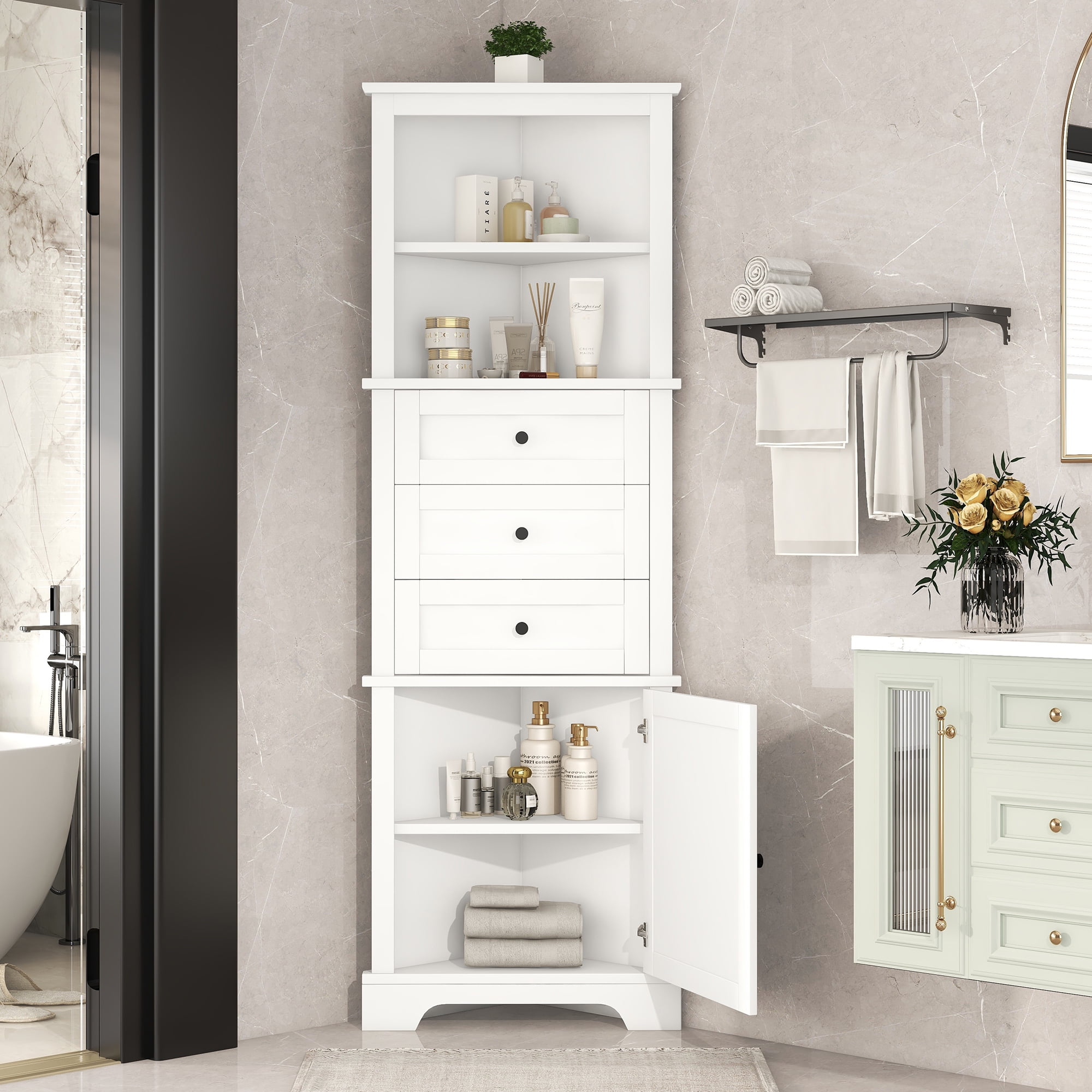 Euroco White Triangle Tall Cabinet with 3 Drawers and Adjustable Shelves for Bathroom, Kitchen or Living Room, MDF Board with Painted Finish