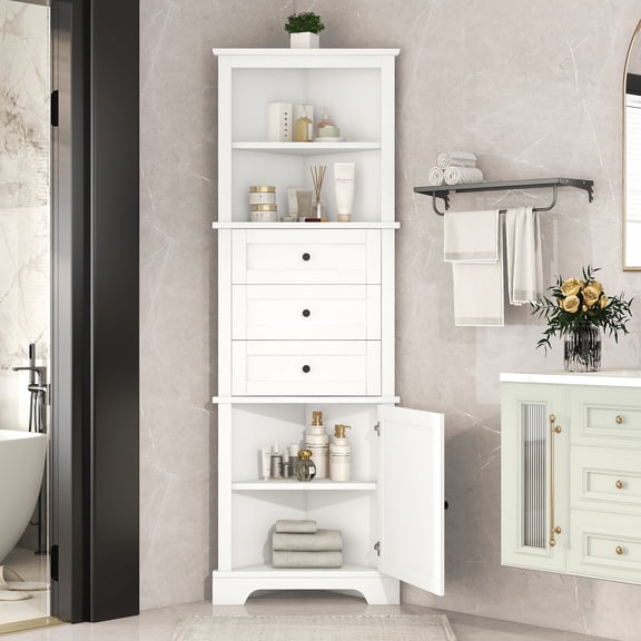 Leumius White Corner Tall Cabinet with 3 Drawers & Adjustable Shelves,Modern Freestanding Storage Organizer for Living Room,Bathroom