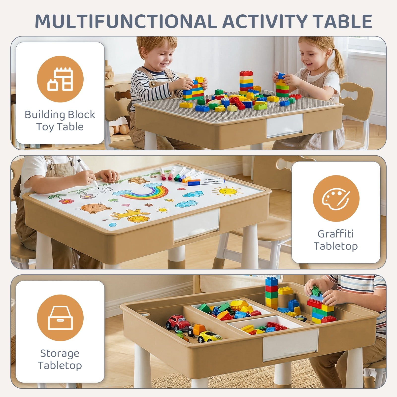 Arlopu 4 in 1 Kids Table and 2 Chairs Set with 2 Drawers, Toddler Table and Chair Set for Ages 3-10, Graffiti & Building Blocks Double-Sided Tabletop, Height Adjustable