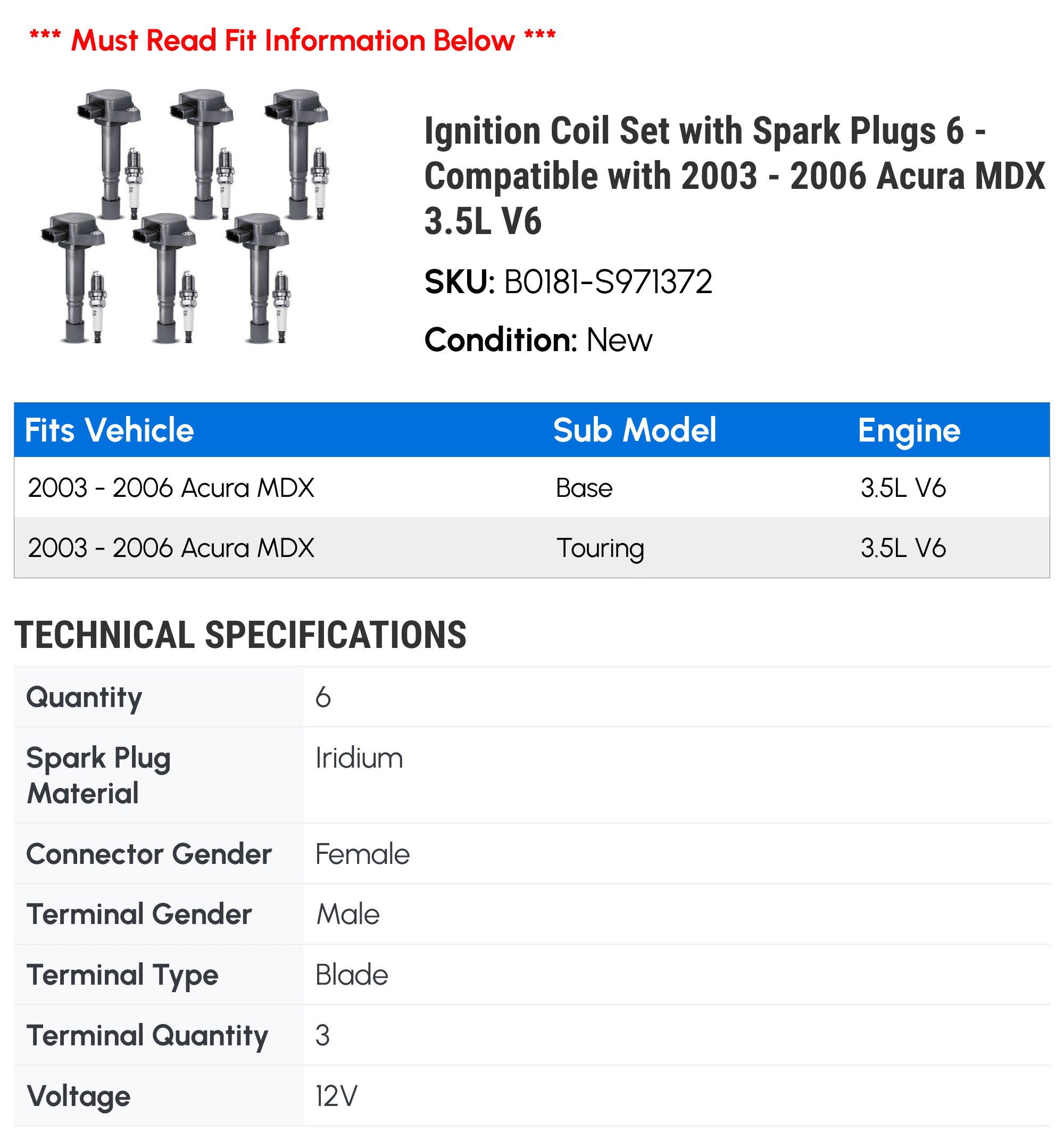 Ignition Coil Set with Spark Plugs 6 - Compatible with 2003 - 2006 Acura MDX 3.5L V6 - Autopart Premium