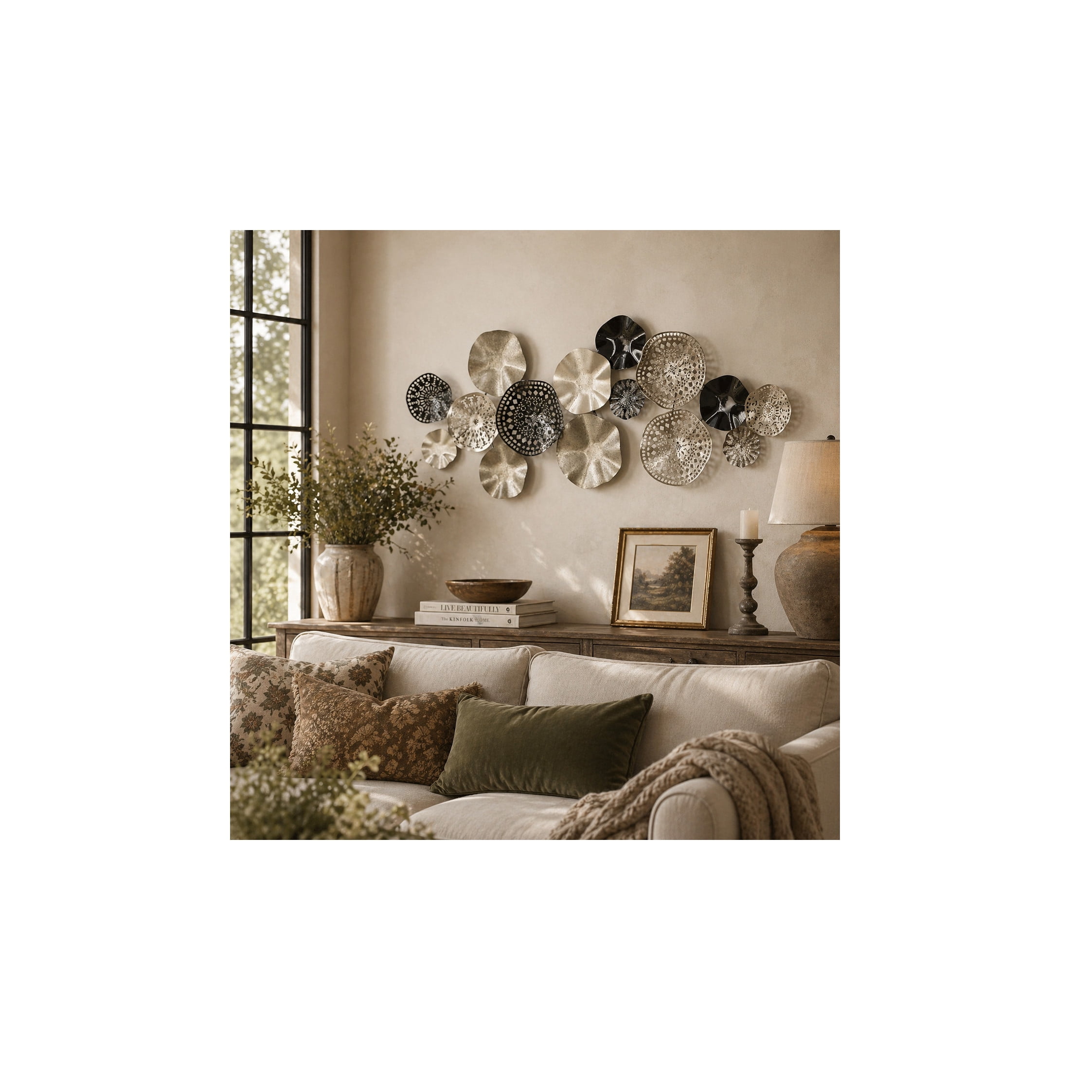 DecMode Contemporary Metal Discs with Crumpled and Lattice Patterns Wall Décor, 59"W x 25"H Features Silver/Black Polished Finish