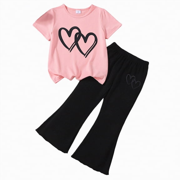 HCNTES Little Kids 2 Piece Outfits Baby Girls Summer Short Sleeve T-Shirts and Pants Set Fashion Clothing Sets Girls School Clothes Age 3-7Y(D01-F,3-4 Years)