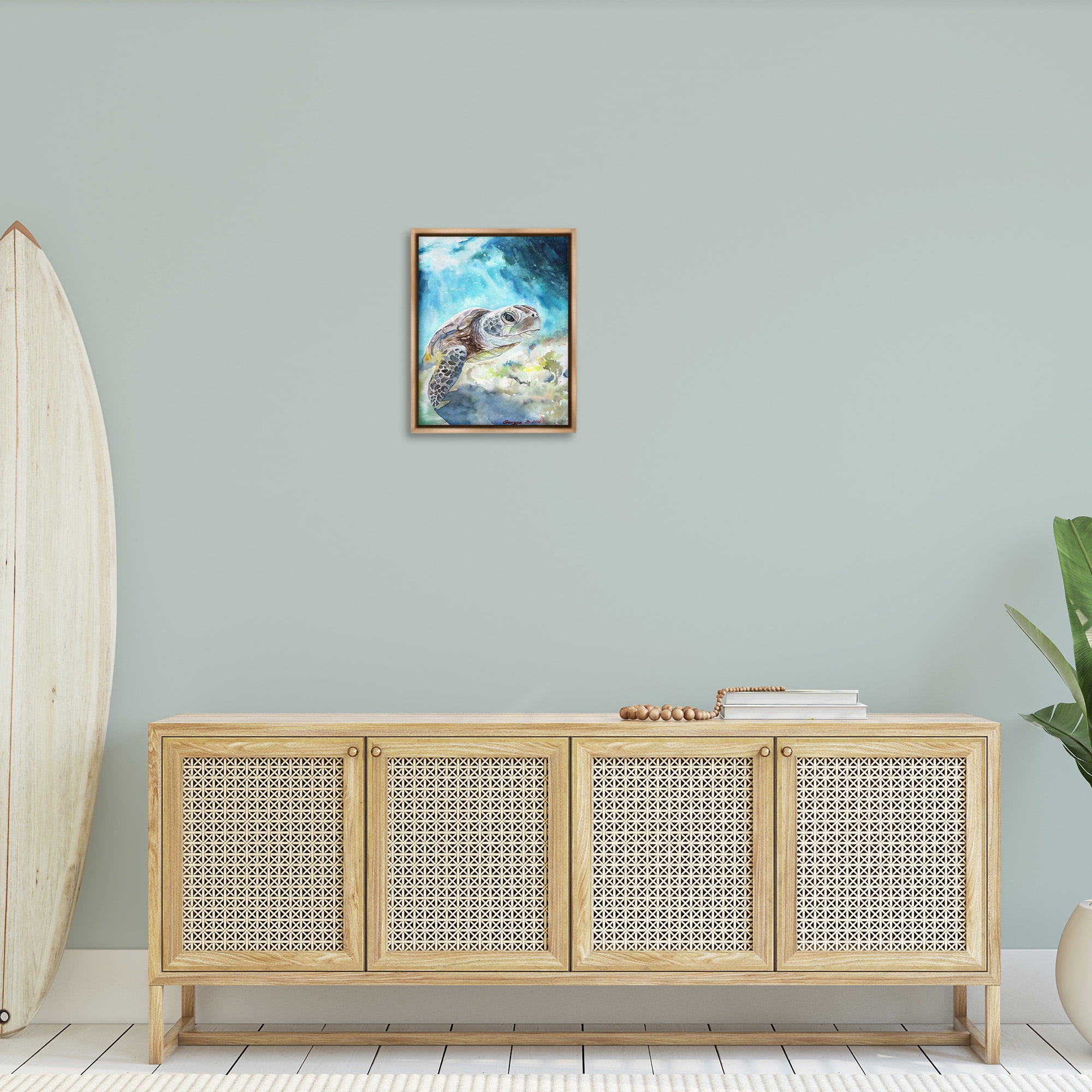 Stupell Industries Sea Turtle Ocean Watercolor Animals & Insects Painting Brown Floater Framed Canvas Art Print Wall Art, 17 x 21