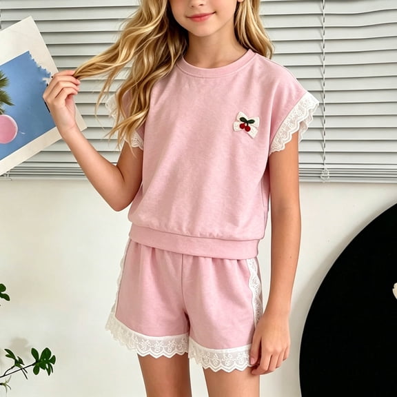 Amidoa Girls Summer Outfits 2 Piece Short Sleeve T Shirt Cute Top and Casual Shorts Kids Clothing Sets,Pink Size 10