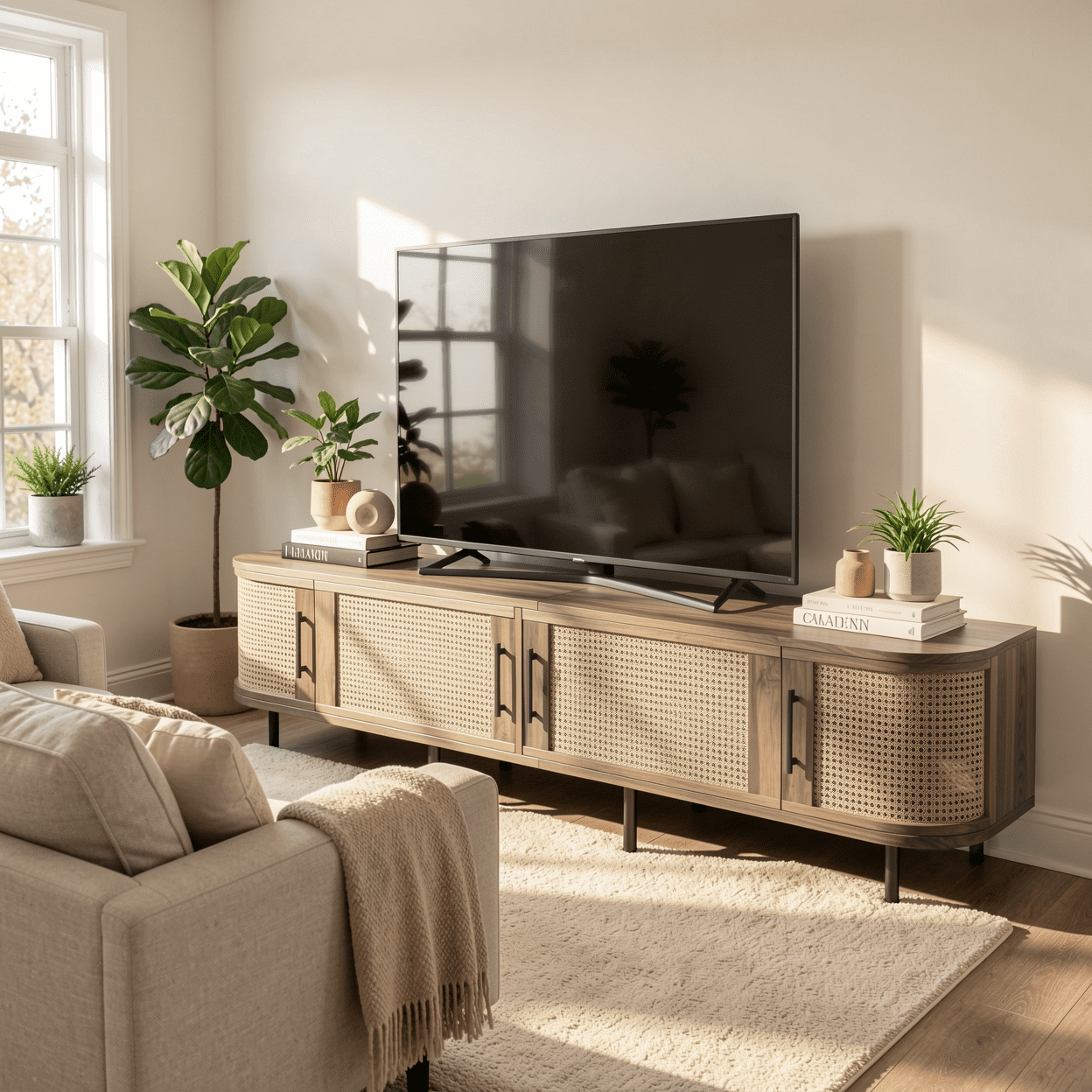 Homy Casa 70.8" TV Stand, Rattan Door Media Console with Storage, Natural Wood