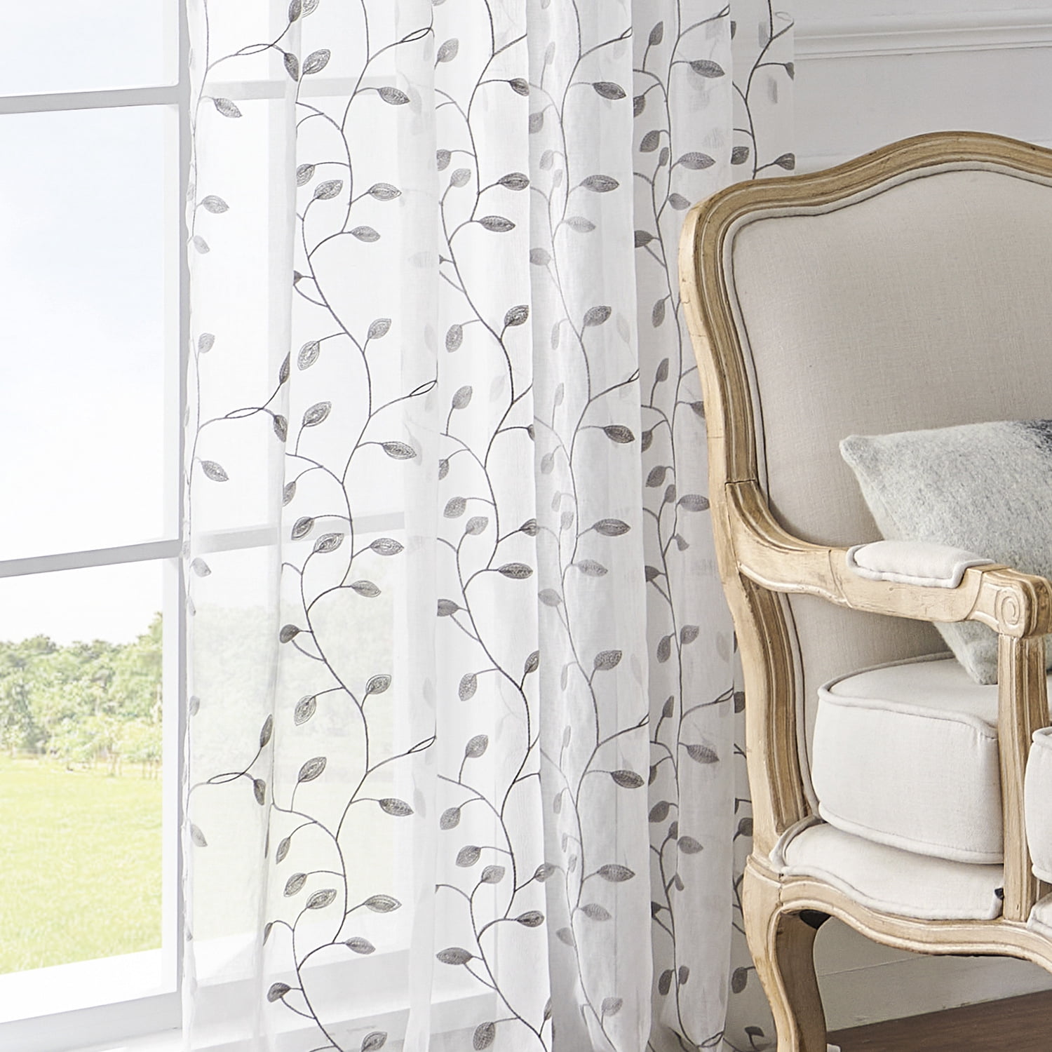 Sunyuer Leaves Short Sheer Curtains Grey Leaf Embroidery Curtain Rod Pocket Voile Faux Linen Embroidered Leaves Curtains for Bedroom Living Room, 52W X 63L inch, Set of 2 Panels, Grey