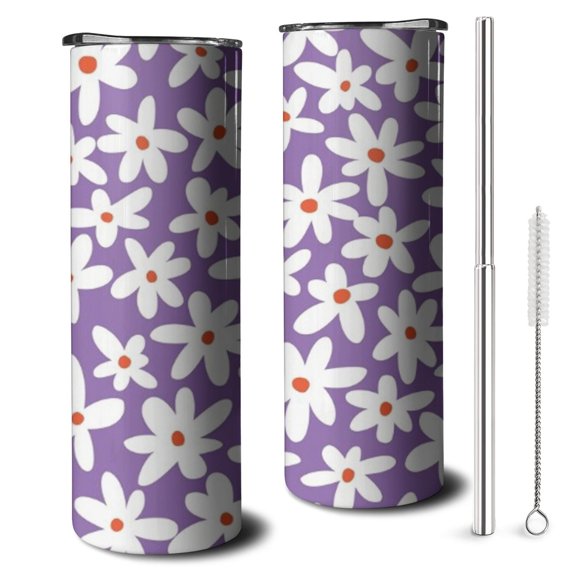 20oz Purple Daisy Flower White Blooms Pattern Skinny Tumblers Stainless Steel Tumbler with Lid and Straw,Vacuum Insulated Double Wall Travel Tumbler Cups with Cleaning Brush for Coffee,Tea