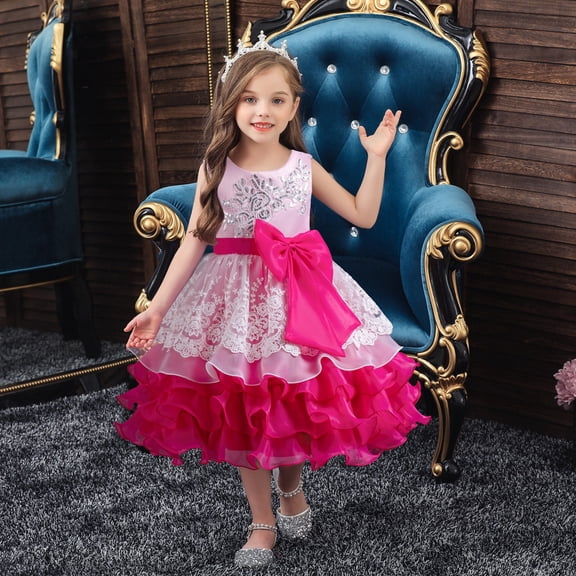 Girl Ruffle Tiered Tutu Gown Flower Girl‘s Sleeveless Lace Princess Dresses with Big Bowknot Party Ball Tulle Pageant Gowns for Wedding, Birthday, Christmas - 3-10T