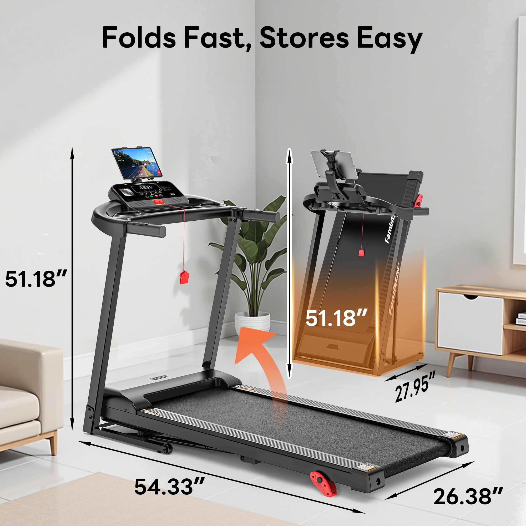 Folding Treadmill 300lbs Capacity, 6% Incline Treadmill with App Control, Electric Treadmill for Home Use, Free Fit Course, 64+3+3+1Programs, Shock Absorption, Home&Office