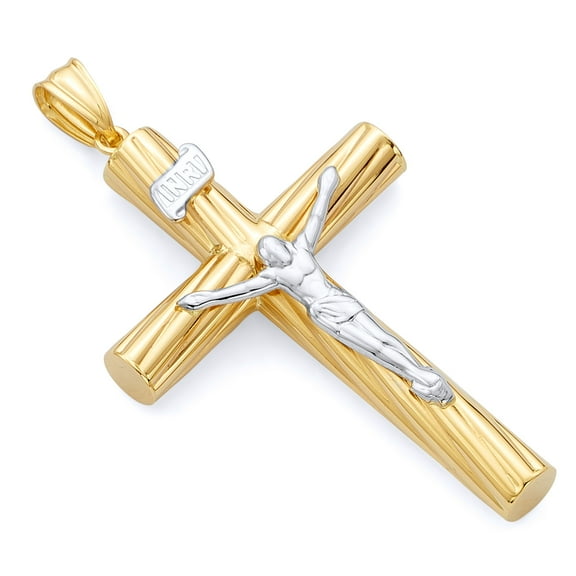 Wellingsale 14k Two 2 Tone White and Yellow Gold Crucifix Cross Religious Pendant (Size : 47 x 26 mm)