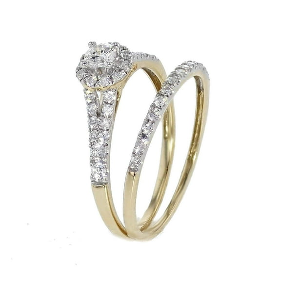 Diamond Ring Set Yellow Gold Halo Diamond Engagement Ring and Wedding band Set 1/2ctw