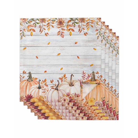 Fall Pumpkins Cloth Napkins Set of 6 Reusable Dinner Napkins, Thanksgiving Wildflowers Autumn Leaves Wood Cocktail Napkin Washable Table Napkins for Wedding/Holiday Party/Baby Shower 20"x20"