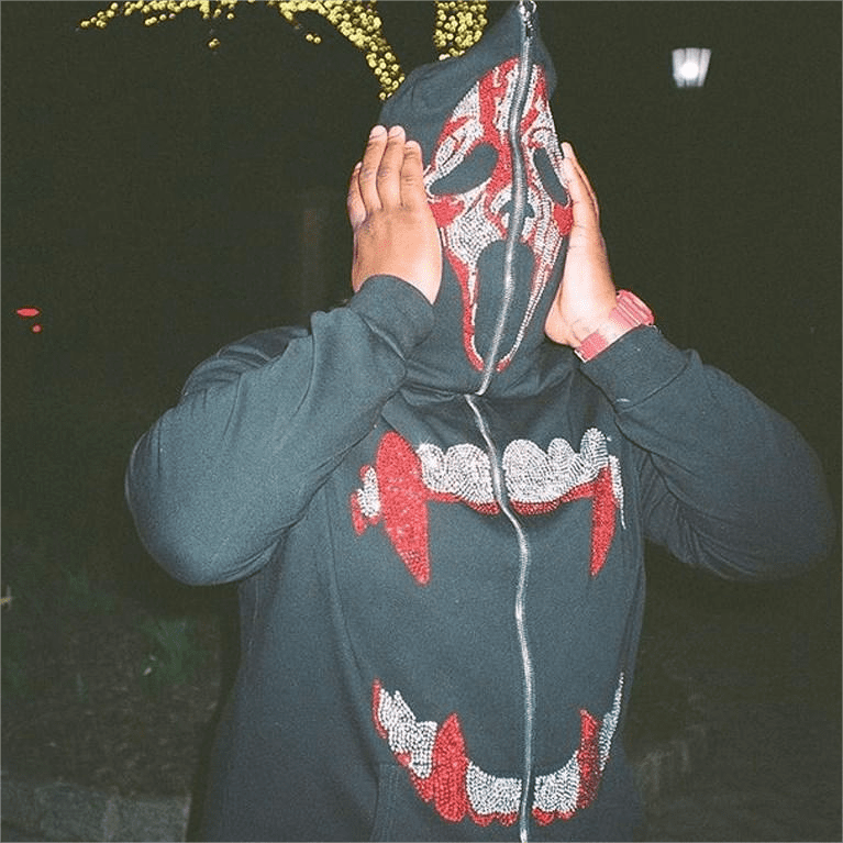 Punk Men Y2K Fashion Hoodie Evil Rhinestones Graphics Zip Up