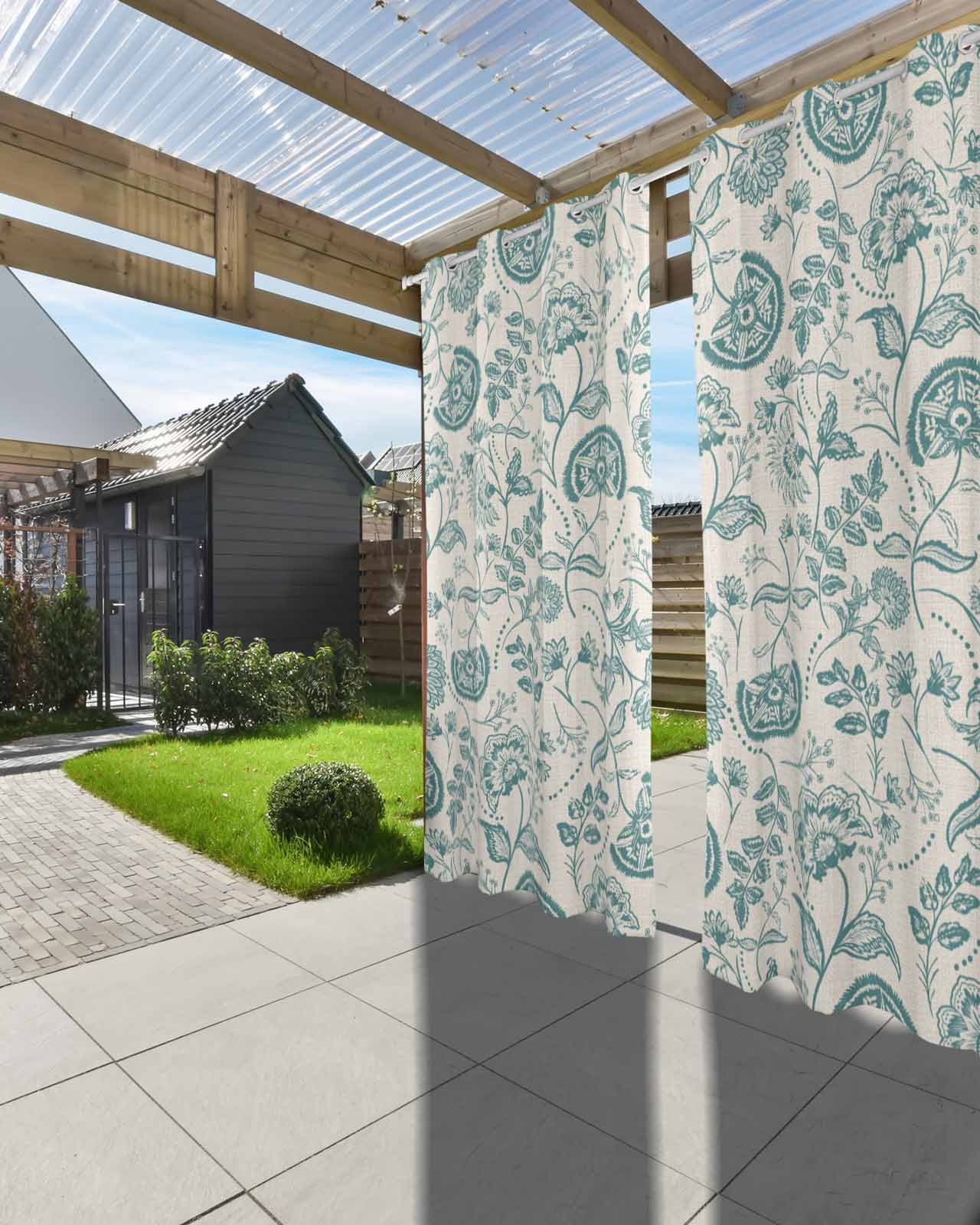 Outdoor Curtains for Patio, Teal Green Spring Floral Waterproof Blackout Outside Curtain for Porch/Pergola/Gazebo, Retro Farmhouse Summer Botanical Thermal Insulated Drapes, 1 Panel, 54 x 95 Inch